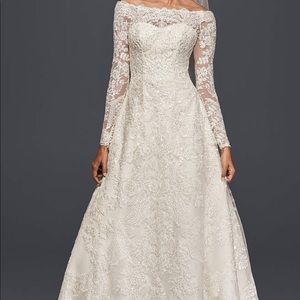 Ivory long sleeve lace off the shoulder gown